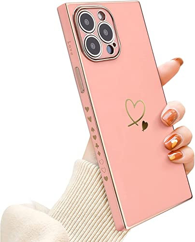 Newseego Compatible with iPhone 13 Pro Max Case, Cute Plating Gold Love heart Pattern Square Phone Cover for Women Girls Soft TPU Full Camera Lens Protection iPhone 13 Pro Max Case + Chain-Pink