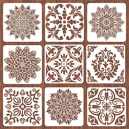 INFUNLY 9 Stück/Set Wandschablonen zum Malen wiederverwendbar Mandala Fliesenschablone 30,5 x 30,5 cm Wände Beton Bodenschablonen zum Malen Terrasse Wand Zement Badezimmer Boden Möbel