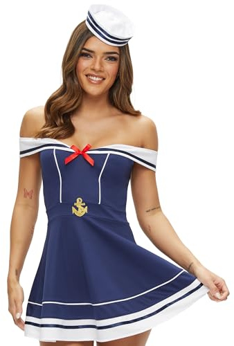 Ann Summers Halloween Sailor Outfit – Bandeau-Style Nautical Fancy Dress with Red Bow, Off-the-Shoulder Straps & Gold Anchor Detail – Includes Matching Hat – Ideal for Role Play, Parties or Fancy