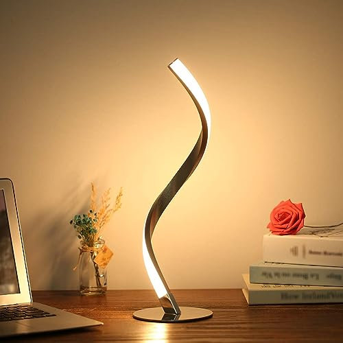 LED Spiral Tischlampe 8W Touch Control Dimmbar Tischleuchte aus Aluminium Chrom Modern Geschwungenes Design Nachttischlampe mit Kabel für Schlafzimmer Wohnzimmer Büro Deko