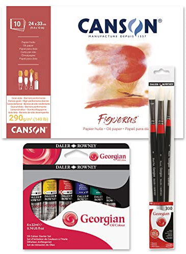 Kit Bloc Canson Figueras Entelado con 10 Hojas de 290g, Set 脫leo Starter Georgian con 6 Tubos de Pintura de 22ml y Set de 3 Pinceles Georgian de Mango Largo Ideales para 脫leo - Ofituria