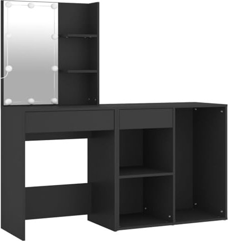 vidaXL Schminktisch mit Schrank, Frisiertisch mit LED-Beleuchtung, Kosmetiktisch Frisierkommode Kommode Spiegel, Schwarz Holzwerkstoff