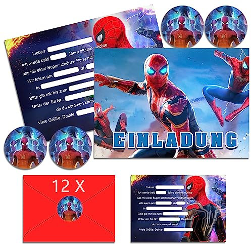 IRONIUM 12x Einladungskarten Kindergeburtstag Junge mit Umschlag Deutsch, Kindergeburtstags Party Einladungen, Cartoon Geburtstag Einladungskarten Set für Themed Party (A6)