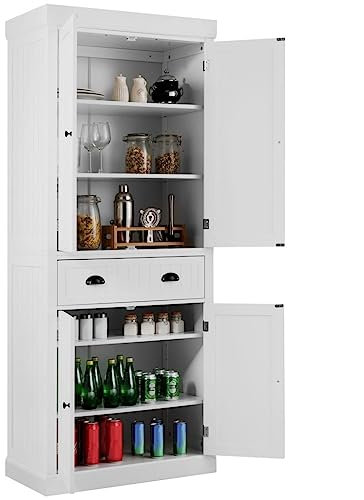 TANGZON Tall Kitchen Cupboard, 183cm 4-door Storage Cabinet with Drawer, Adjustable Shelves, Door Racks & Anti-tipping Device, Freestanding Wooden Sideboard Organiser (White, without Door Racks)