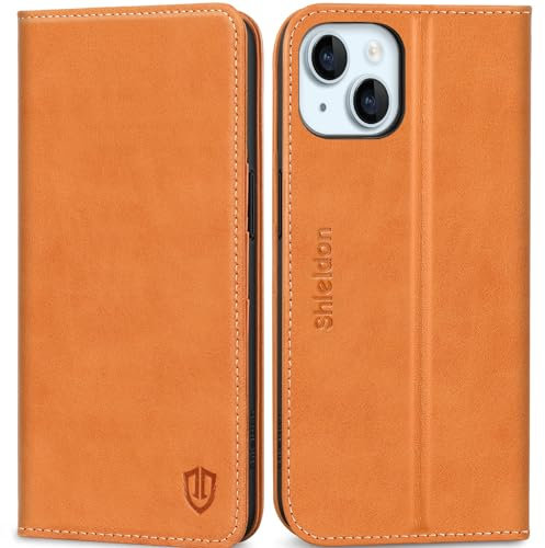 SHIELDON Hülle für iPhone 15, Rindsleder Schutzhülle [Stoßfest] [Kartenfach] [Magnetverschluss] [Stand] [RFID Blocker] TPU Lederhülle Case Kompatibel mit iPhone 15 5G 6,1 - Braun