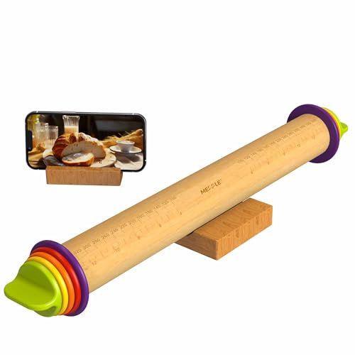 Mepple Mattarello con anelli di spessore per fondente, pizza, crosta di torta, biscotti, pasticceria, asta a rullo da 34,5 cm con 4 anelli e base in legno