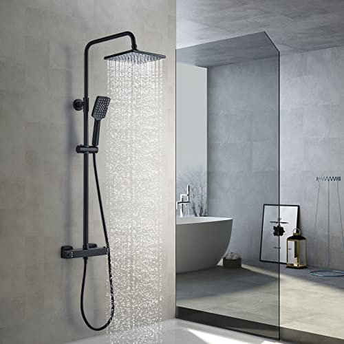 Namuoto Schwarz Duschsystem mit Thermostat, Regenduschset mit Thermostat Mischbatterie, Duschamaturenset mit Thermostat Inkl Kopfbrause, Handbrause, Brausestange Duschset Regendusche