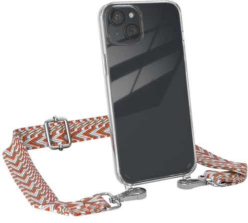 EAZY CASE - Handykette mit verstellbarem Trageriemen für iPhone 15 Plus - Taschengurt zum Wechseln mit transparenter Handyhülle für iPhone 15 Plus Hülle dünner Schulterriemen in Blau Rot Silber