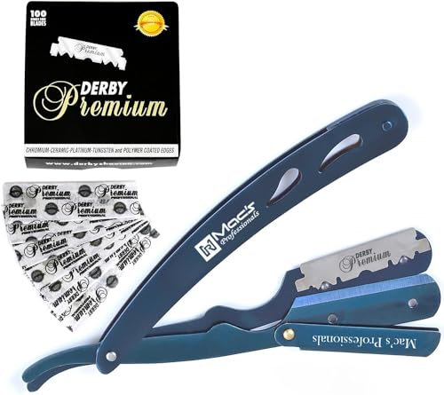 Macs Professional Rasiermesser mit gerader Kante, 100 Derby-Klingen aus 100 % Edelstahl (Blue )