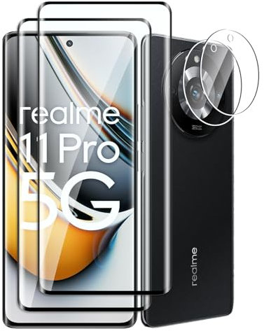 Fyqzio [2+2 Piezas Cristal templado compatible con Realme 11 Pro/11 Pro Plus y protector de pantalla de cámara,sin burbujas,dureza 9H,antiarañazos,3D Cobertura Completa,HD protector de pantalla