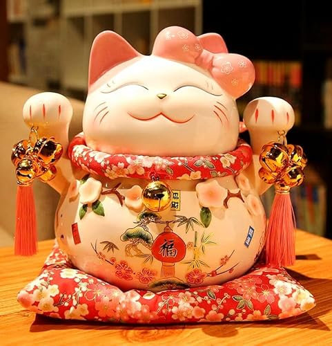 EatingBiting Maneki Neko Lots Bells Bowknot - Statuetta da collezione in ceramica giapponese da 20 cm, gatto portafortuna che sventola, in porcellana, ornata e decorata