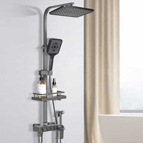 Dnkelar Duschsystem, Duschstange Höhenverstellbar, Duschset mit Mischbatterie, Duschsystem mit Regendusche, Regal und Handbrause mit 3 Strahlarten (Thermostat-Grau-2)