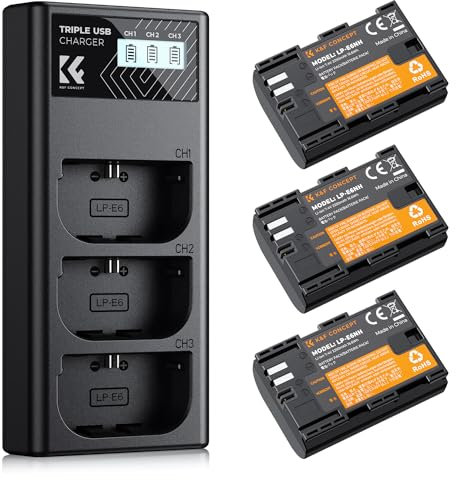 K&F Concept 3-Pack 2250mAh LP-E6NH Battery and Triple Slot USB Charger for Canon EOS R7, R5, R6, R, 5D III IV, 5DS, 5DS R, 6D, 6D II, 7D, 7D II, 80D, 90D
