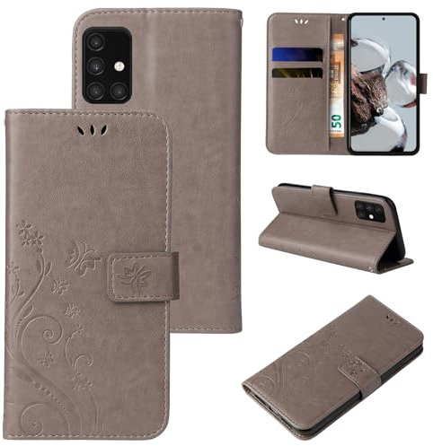 LBH Handy Hülle für Samsung Galaxy A71 Case Handytasche Schmetterling Blumen Flower Standfunktion Schutzhülle Magnet Rundum Schutz 360 Grad Flipcase Cover Grau