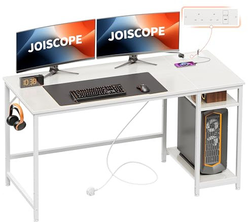 JOISCOPE Computer Desk, 140cm White Desk with USB Outlets and Type-C Charging Port and Shelves, Gaming Desk with Headphone Hook, Table for Study, Play, Work and Home Office, White