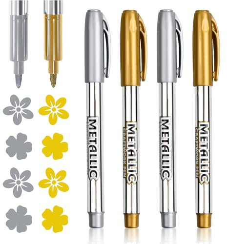 4Pcs Pennarelli Oro e Argento, Marcatore a Vernice Lucida Paint Marker Metallic Marker penne set Pennarelli Metallici in Oro e Argento Pennarello Indelebile Punta Fine per Realizzare Album DIY Vetro