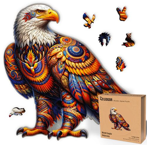 LEOGOR Holzpuzzle für Erwachsene - Vivid Eagle Odyssey 350 Teile Holz Puzzle Adler Tierform, 5mm Dickes Naturholz Wanddeko Geschenk Set Kunsthandwerk, 43.9 x 42.4 cm