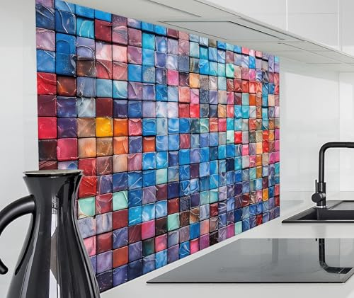 timalo Alu Spritzschutz Wand für Herd, Küche Küchenrückwand | Aluminium 2mm | Alurückwand Aluverbund Wandpaneele Rückwandschutz Platte | 80x50cm Kleine Bunte Mosaik Fliesen