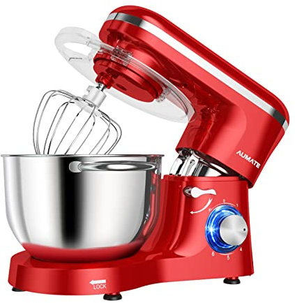 Aumate Robot Pâtissier, Robot de Cuisine Professionnel 1400 W 6,2 L, Robot Pétrin avec Fouet, Batteur et Crochet Pétrisseur, 6+P Vitesses (Rouge)