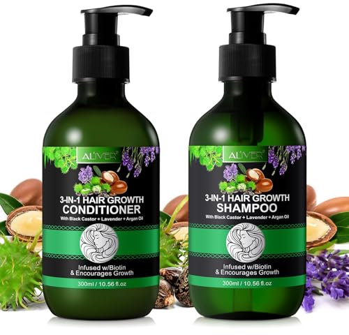 P-Beauty 3-in-1 Haarwuchs Set mit Black Castor Rizinus Oil, Lavendel & Arganöl - 1 x 300ml Conditioner & 1 x 300ml Shampoo gegen Haarausfall & Spliss - Haarpflege