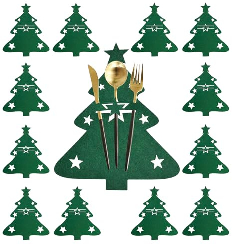Weihnachtsgeschirr Besteckhalter Filz, 12 Stück Bestecktasche Weihnachten Filz Bestecktasche Weihnachtsbaum Weihnachts Messer Gabeln Löffel Geschirr Besteckbeutel Tischdeko Küche Bestecktasche (Grün)