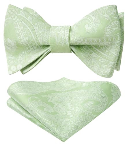 HISDERN Fliege Herren Grün Paisley Fliege mit Einstecktuch Set Verstellbare Selbst Herrenfliegen für Bräutigam Hochzeit Party Fasching
