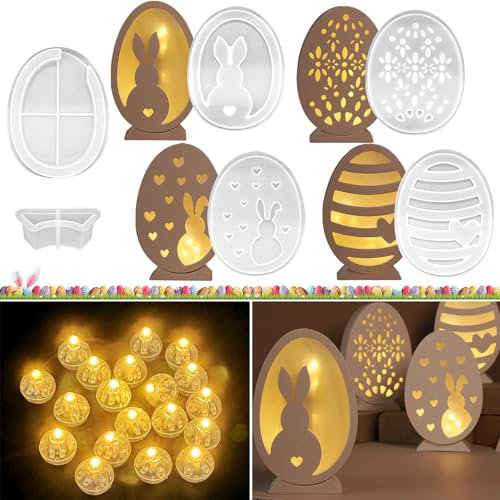 TZEKING Silikonformen Gießformen Ostern,6 Stück 3D Osterhase Silikonform+20 Stück LED Ballons Lichter,Gipsformen zum Gießen,DIY Hasenform für Ostern,Silikonformen Gießformen,Duftkerzen Handarbeit