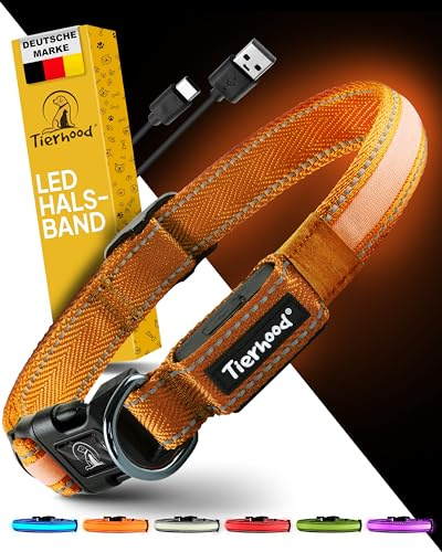 Tierhood Leuchthalsband Hund - LED Hundehalsband Aufladbar - Orange, L | Wasserdicht & verstellbar für kleine bis große Hunde - 3 Leuchtmodi - Maximale Sicherheit bei Nacht