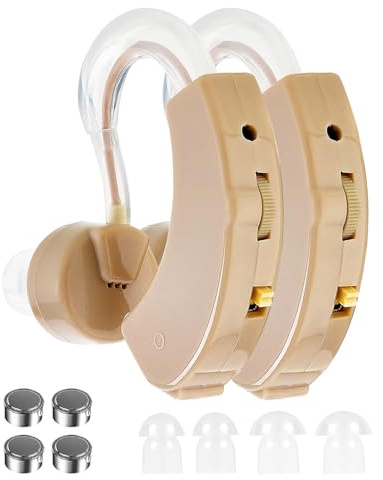 Jesyooka Hearing Amplifier for Seniors & Adults (Pair), Behind-the-Ear Personal Hearing Support Device with 6 Volume Levels, Noise Reduction for Clear Conversations, 6 Domes, Battery Powered, Case
