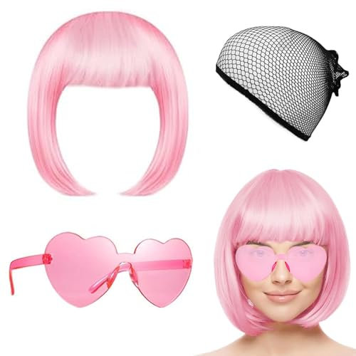 Kurze Bob Perücke, Rosa Perücke, Perücke Damen Pink,Rosa Perücken Perücke Kappe und Sonnenbrille für Frauen, Kostüm bunte Cosplay-Perücke Haarteile für Party