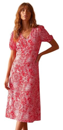 Roman Originals Tea Dress for Women UK Ladies Skater Swing Fit & Flare Flattering Summer Knee Length Frill Hem Ruched Chest Casual Smart Cocktail Party Going Out - Red Floral - Size 20
