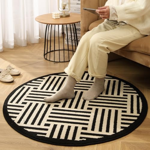 Outdoor Teppich Rund Gestreift Beige Schwarz Teppich Wohnzimmer Schlafzimmer Kinderzimmer Indoor Flauschiger Weich Anti Rutsch Dekoration Waschbare Teppiche Runde 40 cm