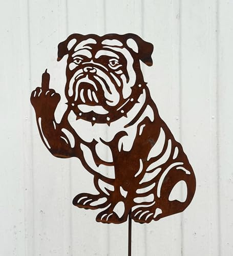 Gartenfigur Hund Bulldogge mit Mittelfinger 35x30cm Gartenstecker Edelrost Gartendeko Wetterfest Rost Metall Rostfigur Hunde Figur Tier Englische Bulldogge Mittelfinger von Steinfigurenwelt