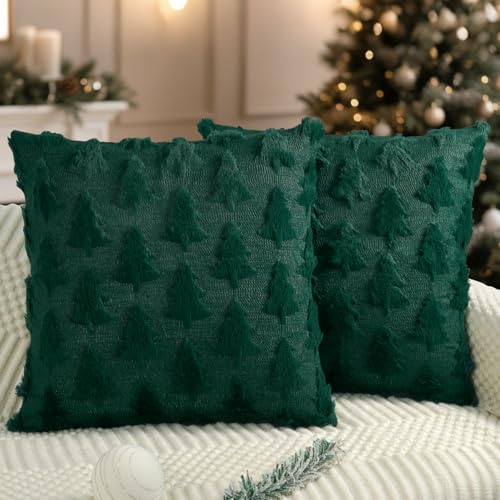 Miaikoe Fundas de cojín navideñas 50x50 cm Juego de 2 Fundas de almohada de árbol de Navidad verde Fundas de almohada de felpa suave y piel sintética para la decoración del sofá del hogar en las