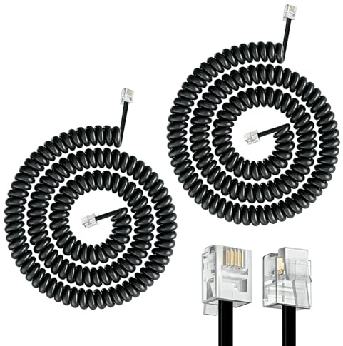 Hawpasy 2PCS Telephone Phone Handset Cable Cord, Telephone Cable Cord Black Coiled RJ9/RJ10/RJ22 4P4C, Telephone RJ9 Coiled Phone Cable Handset Cable Cord for Landline Phones Handsets and Extension