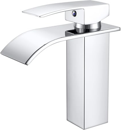 Wasserhahn Bad Wasserfall, Einhebelmischer Waschtischarmatur, 105 mm Chrom | Auslauf Höhe 105mm, Keramikkartusche, 60cm Flexschlauch, G3/8 Anschlüsse, Einlochmontage, Wassersparend, Eckig, Messing