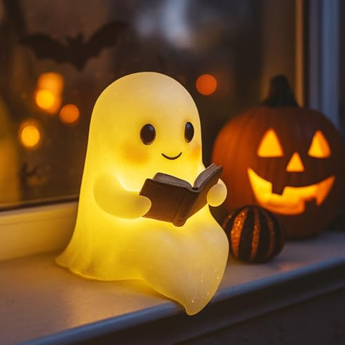Nexoria Halloween Deko Geist Nachtlicht, Niedliche Geister Leselampe 3D LED Geister Lampe Halloween Geist Statue Nachtlicht leuchtend Helloween Dekoration für Schlafzimmer, Wohnzimmer, Party (A)
