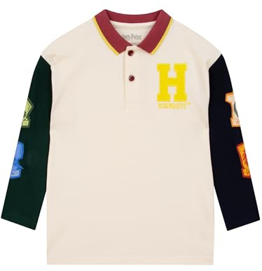 Harry Potter T Shirt, Hogwarts Boys Polo Shirt, Long Sleeve Kids Tshirt, Cream 8-9 Years