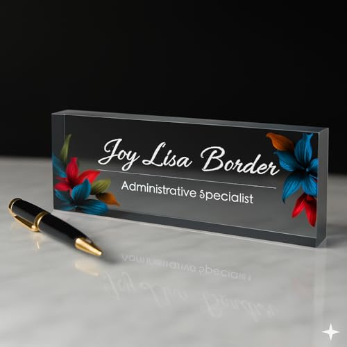 Personalised Office Desk Name Plate Custom Modern Plaque Sign Clear Glass Effect Black Acrylic Base Work Home Gift for Loved Ones