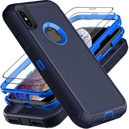 YmhxcY for iPhone X/Xs Case, Military Grade 3 in 1 Heavy Duty Shockproof/Drop Proof/Dust Proof Case with 2Pcs Tempered Glass Screen Protector (Navy Blue)