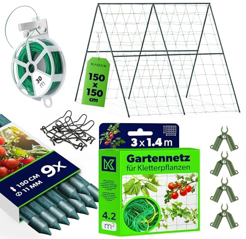 KADAX Gurken Rankhilfe Set – 9 x Pflanzstab 150 cm, Ranknetz 3 x 1,4 m, 4 x Pflanzstab-Verbinder, 30 m Gartendraht – Gurkengitter, Rankgitter, Gurkenspalier