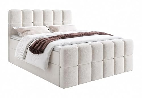 Boxspringbett SELA Kontinentales Polsterbett mit Kopfteil und Fußteil in Bouclé Stoff, Gepolstert, H3, Modernes Designerbett, Weiches Komfortbett, Doppelbett (Creme: Fredo 15, 140x200 cm)