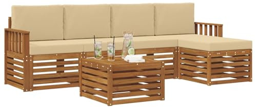 vidaXL Sofagarnituren 6 pcs Natur und Beige Massivholz Akazie, Moderner Garten-Sofa, haltbare Terrasse Sitzgelegenheiten, bequemes Lounge-Möbel für draußen