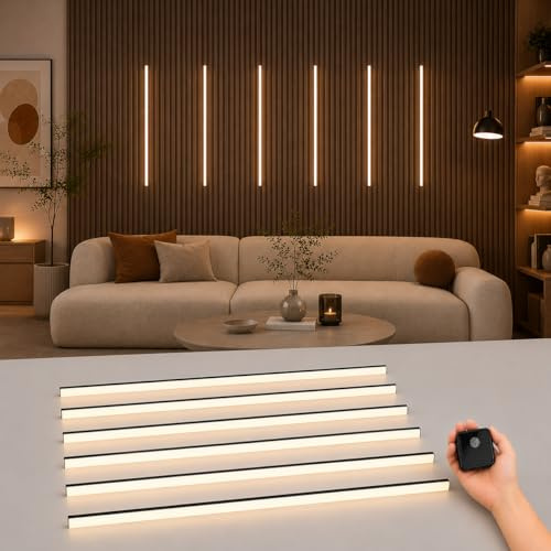 LED Strip Lights for Acoustic Wall Panels, 6 x 100 cm, Touch Switch, Black | Warm White Lights, Dimmable and Cuttable for Slat Panels, Cabinets, Shelves 12 x 12mm