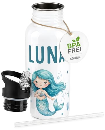Kidsmood – Personalisierte Trinkflasche für Kinder, BPA freie Edelstahl Wasserflasche, 500 ml mit Trinkhalm als Einschulungsgeschenk Mädchen, Ideal für Schule, Kindergarten (Meerjungfrau)
