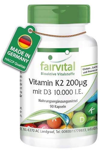 Fairvital | Vitamina K2 + D3 - Dosis alta - Vitamina D3 10.000 U.I. + Vitamina K2 200µg - 90 Cápsulas - Calidad Alemana