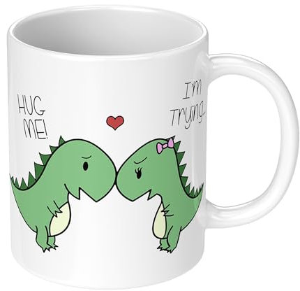Print Maniacs Cute T-rex Dinosaurs in Love Illustration Hug me, I'm Trying Mug Valentines Gift 11 oz Ceramic