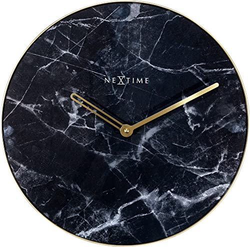 NeXtime 8189 ZW „Marble“ Elegante Wanduhr, Marmor-Optik, aus Glas, schwarz, Ø 40 cm