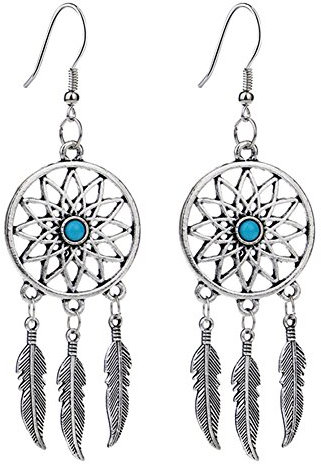Carry stone Bohemian Vintage Ohrringe Traumfänger Federform Quasten baumeln Drop Haken Ohrstecker Frauen Mädchen Ohrringe Hochzeit Schmuck Zubehör Geschenk (Silber) langlebig und praktisch