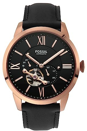 Fossil Townsman - Orologio automatico da uomo con movimento meccanico e quadrante scheletrato, oro rosa, nero, Moderno